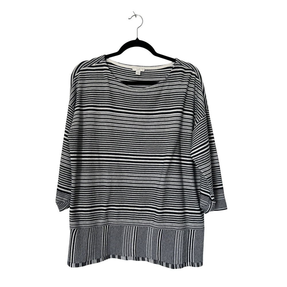 J. Jill Striped Knit Top Womens Medium Navy Blue White Boat Neck 3/4 Sleeve